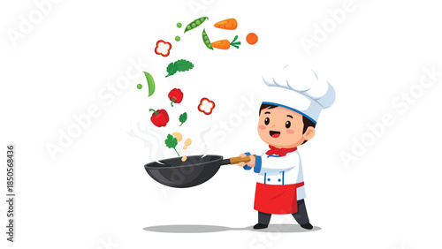 Adorable Cartoon Chef Boy Cooking Stir fry with Fresh Vegetables Healthy Food Concept