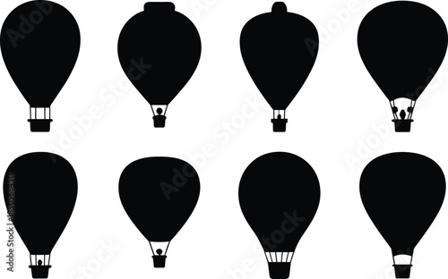 Hot air balloon silhouettes, black vector icons, sky travel, adventure clipart, basket shapes, flight design, tourism concept, aerial transport, balloon variations, outdoor exploration,