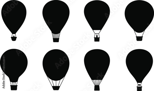 Hot air balloon silhouettes, black vector icons, floating balloons, basket variations, travel theme, adventure concept, graphic design, air transport, balloon shapes, minimal style