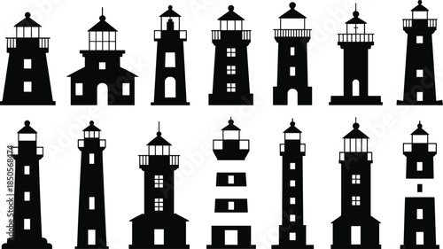 Lighthouse silhouettes, black vector icons, coastal architecture, beacon tower, marine design, navigation clipart, sea structure, ocean landmark, lighthouse bundle, nautical theme