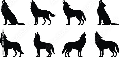 Howling wolf silhouettes, wildlife icons, black vector shapes, animal theme, forest creatures, graphic illustration, wolf collection, minimal style, silhouette pack, nature design, black artwork,