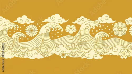 Sophisticated Golden Seamless Pattern Showcasing Stylized Oceanic Waves, Serene Clouds, and Intricate Floral Art Motifs