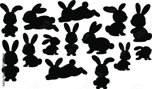Rabbit silhouettes, cartoon bunny shapes, black vector icons, animal poses, cute clipart, wildlife design, bunny bundle, pet illustration, silhouette set, playful rabbits, animal graphics,