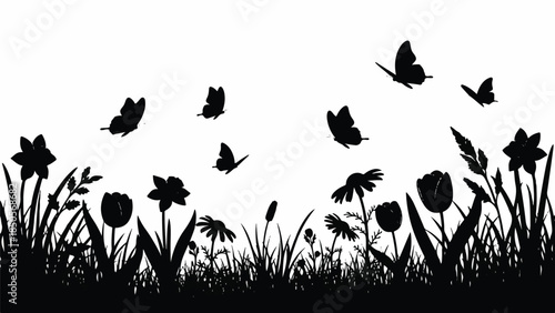 Serene spring meadow silhouette vibrant wildflowers and dancing butterflies bringing nature's beauty to life