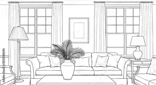 Classical living room architectural line art sketch with a rolled-arm sofa, large decorative floor vase, and twin windows