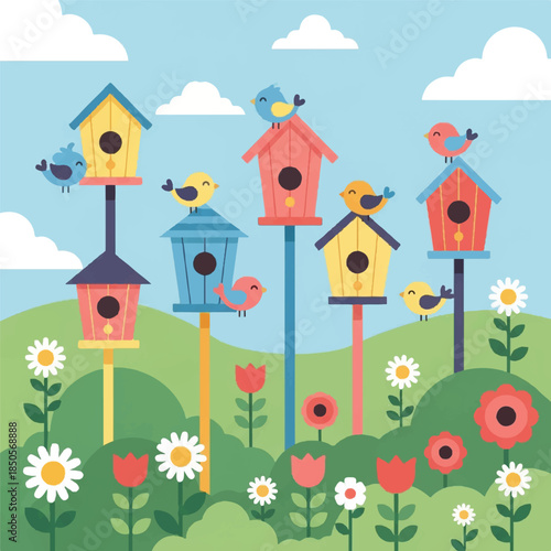 An idyllic spring day depicted with multiple colorful birdhouses, tiny birds, and a blooming meadow, celebrating the joy of nature and new beginnings