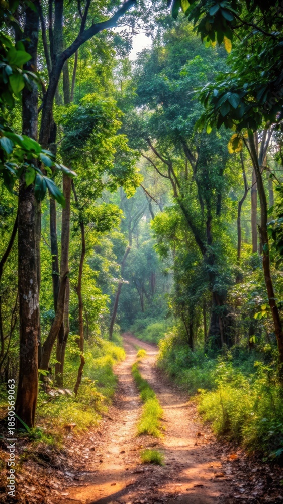 Fototapeta premium Dirt path leading through dense foliage in Bhadra Tiger Reserve