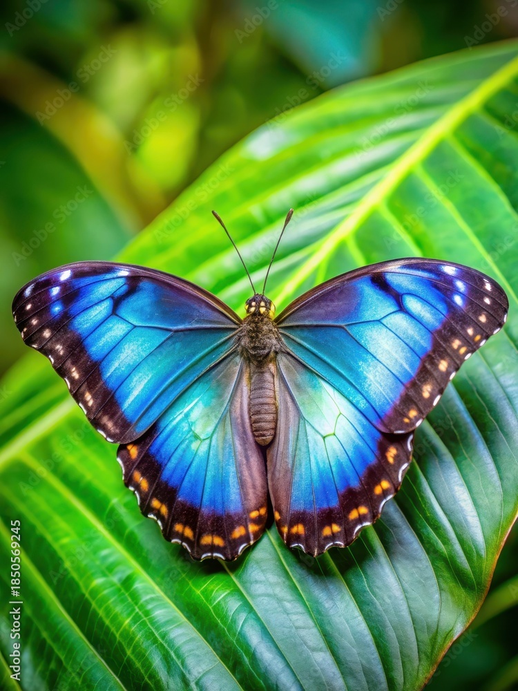 Naklejka premium Colorful Morpho butterfly ssp Theodorus perched on a bright green leaf with intricate vein patterns