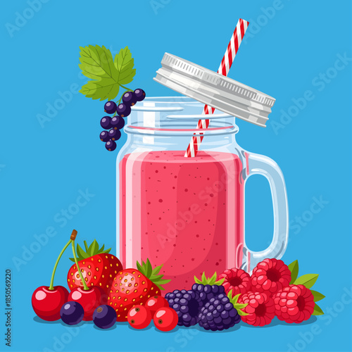 A luscious pink berry smoothie fills a glass mason jar with a striped straw and floating lid, surrounded by a fresh harvest of strawberries, raspberries, cherries, and blackberries on a blue backdrop
