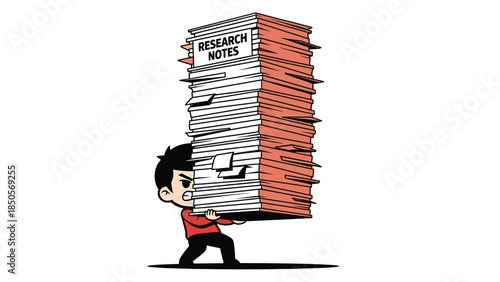 Overwhelmed Student Carrying Huge Stack of Research Notes Books and Papers for Study Exams Thesis or Dissertation