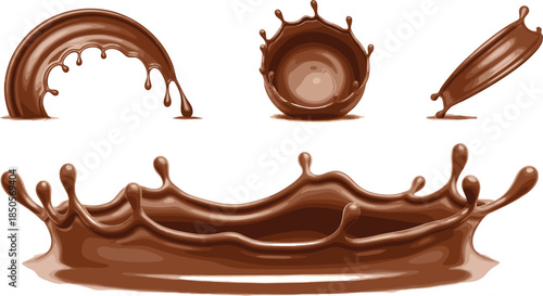 Realistic chocolate splash set with liquid drops, waves, arcs and crown shapes isolated on white background vector illustration