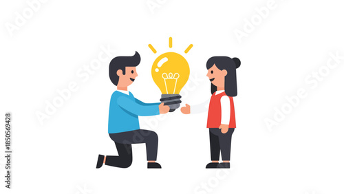 Teamwork and Innovation Man Gives Woman Glowing Lightbulb Symbolizing a New Idea and Collaboration
