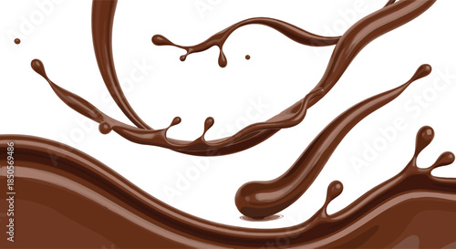 Flowing Chocolate Splash Vector Illustration with Smooth Cocoa Liquid Waves and Drops for Dessert Branding, Sweet Food Packaging, Confectionery Ads, and Luxury Background Designs