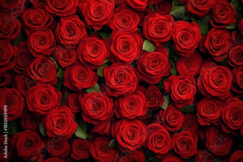 Dense bed of deep red roses with emerald leaves, close-up floral display evoking romance, passion and luxurious abundance