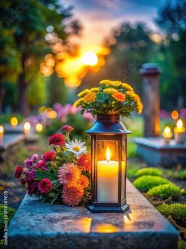 A lone candle stands beside a grave adorned with vibrant flowers and lush greenery