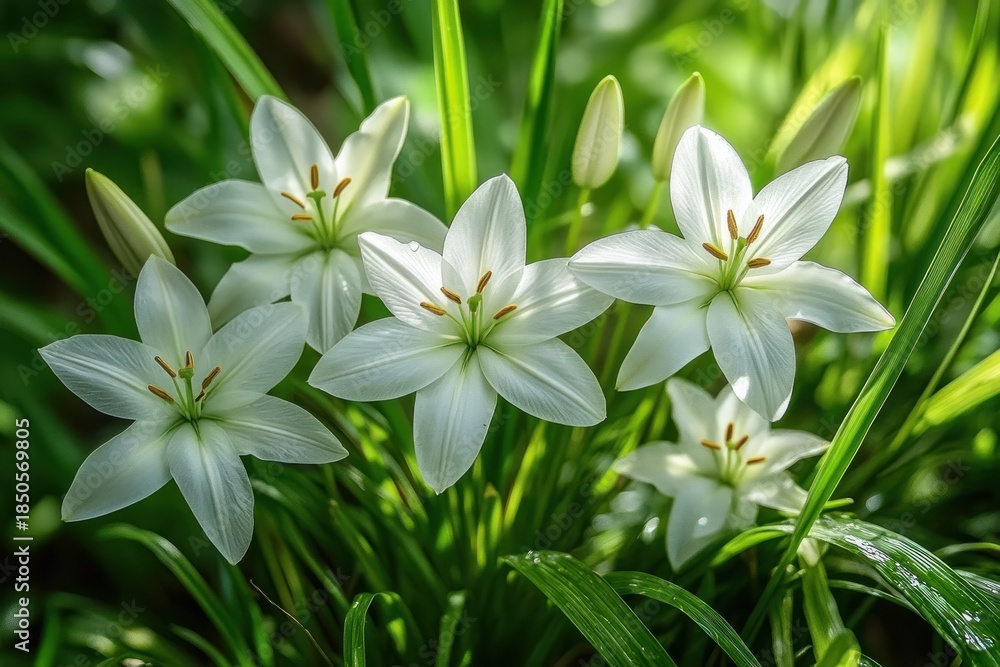 Fototapeta premium serene cluster of white star-shaped lilies nestled in lush green grass with dewy leaves and soft sunlight