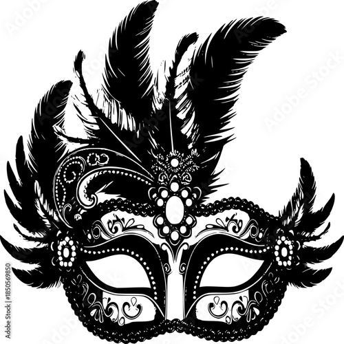 Venetian carnival mask vector illustration on a black background with decorative floral and butterfly elements