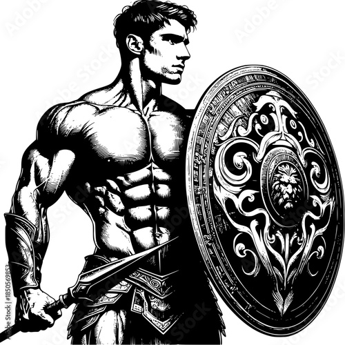 Medieval knight holding a sword and shield in armor illustration