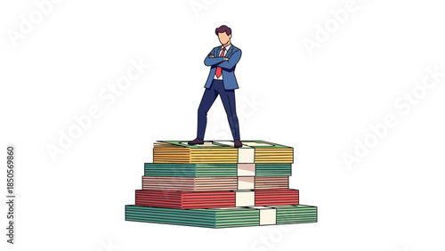 Confident Businessman Standing Proudly Atop Stack of Money Bundles Financial Success and Wealth Concept