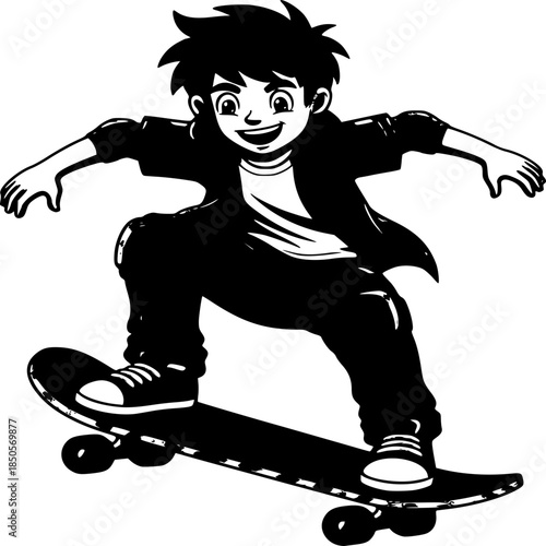 Girl on roller skates and boy on skateboard enjoying outdoor skating sport illustration