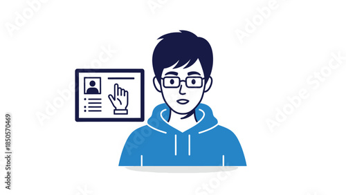Young Man with Glasses Reviewing Digital ID Card with Finger Selection Vector Illustration