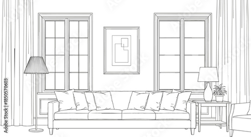 Architectural line art sketch of a modern living room featuring a large sofa, tall windows with curtains, and elegant floor lamps