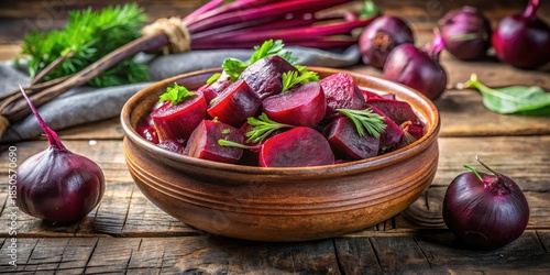 Slow cooked beets with a savory aroma in a rustic ceramic bowl