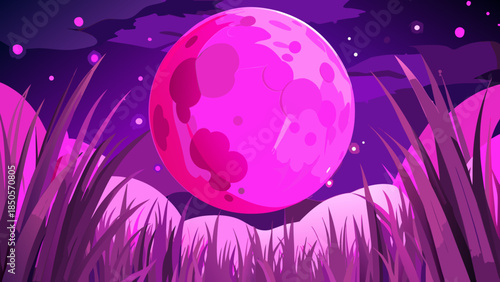 Moon in surreal purple night landscape Vector