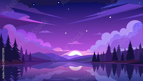 Night landscape with reflected moon over lake Vector