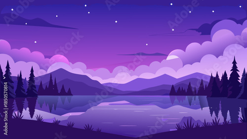 Night landscape with lake and forest Vector