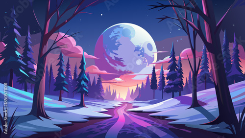 Winter forest landscape with full moon Vector