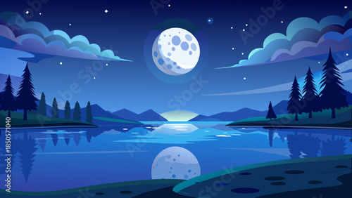 Moon reflection over calm lake at night Vector