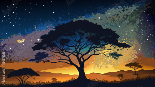 Acacia tree silhouette sunset sky Vector
