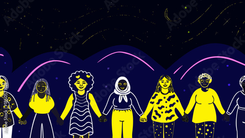 Woman holding hands in diverse group at night Vector