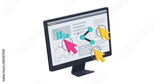 click tracking analytics dashboard on computer monitor with cursor pointers showing website traffic data and digital marketing performance