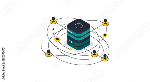 cloud data server icon connecting multiple users in global network flat isometric illustration for data sharing hosting and saas concepts