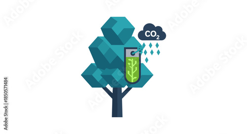 co2 absorption tree illustration with test tube experiment flat eco icon showing carbon capture and climate change mitigation concept
