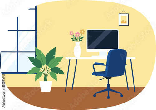 Cozy home office interior illustration with a white computer desk, blue ergonomic chair, potted plants, and flowers