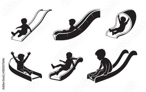 Kids Playing on Playground Slides, Child Silhouette Vector Illustration Set.