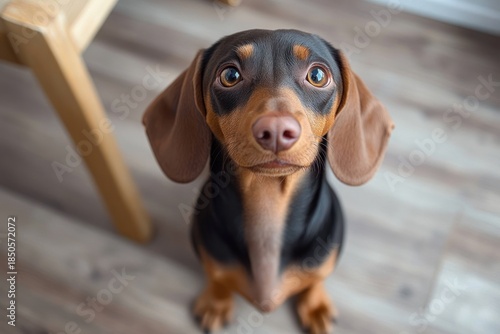 small brown and tan dachshund puppy sitting on wooden floor looking up with wide pleading eyes, curious and affectionate expression next to a chair leg