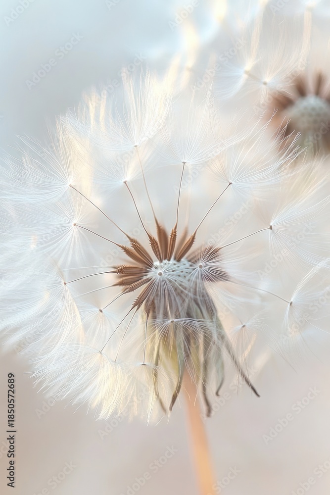 Fototapeta premium Close-up of a dandelion seed head with delicate white parachute seeds glowing in soft light, evoking fragile beauty and peaceful serenity