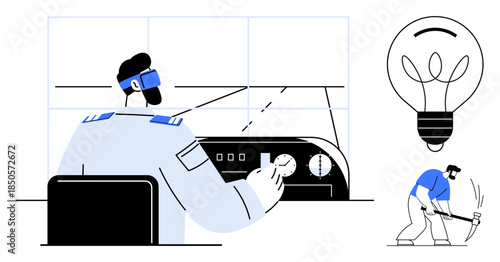 Innovation, technology, manual labor, energy production, creativity, progress. A man operates a control panel while another uses a sledgehammer near a light bulb. Innovation and technology