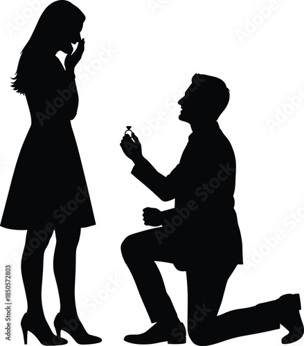 Romantic marriage proposal silhouette vector illustration with kneeling man offering ring, love commitment scene for wedding and engagement design