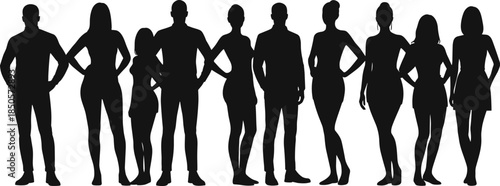 Silhouettes of diverse people standing side by side, human body shapes vector illustration for fashion design and social representation