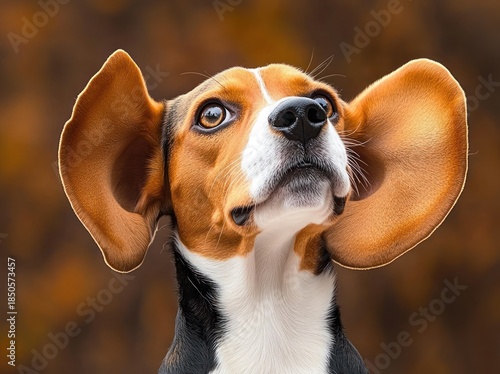 Close-up of a dog showing large attentive ears and tricolor neck against warm bokeh background, conveying curiosity and alertness
