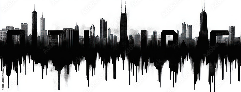 Obraz premium monochrome city skyline silhouette with mirrored dripping paint reflection, tall skyscrapers and hazy atmosphere evoking a moody, haunting urban panorama