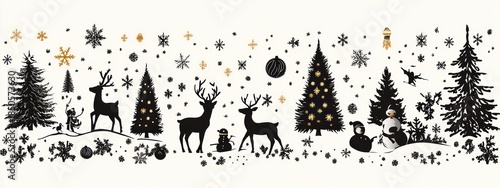 silhouette winter panorama with reindeer, evergreen and decorated tree, snowmen and a penguin, a child on a sled, falling snowflakes and golden ornaments, joyful and peaceful scene