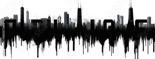monochrome city skyline silhouette with mirrored dripping paint reflection, tall skyscrapers and hazy atmosphere evoking a moody, haunting urban panorama