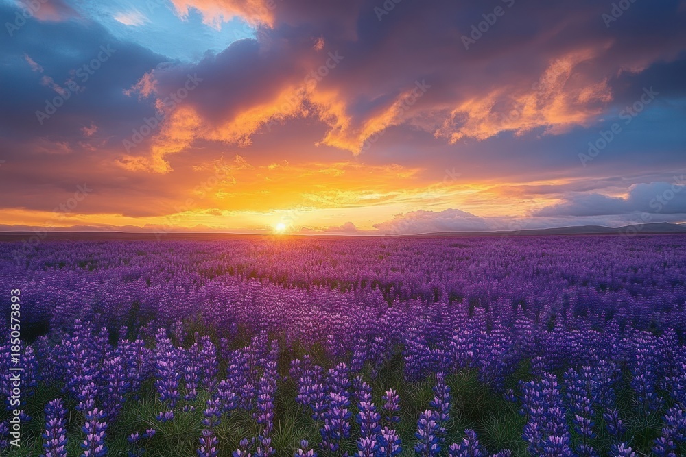 Obraz premium endless purple lupine field under a dramatic golden sunset with fiery clouds and distant mountains, tranquil and awe-inspiring