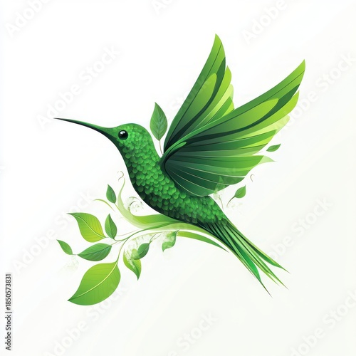 Vibrant green hummingbird made of leaf shapes hovering over a leafy branch, serene and uplifting nature illustration